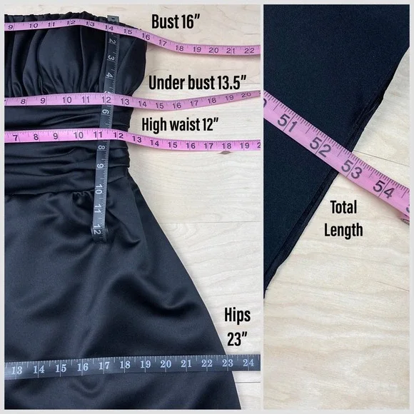 Vintage 1990s Black Satin Strapless Ruched Empire Waist Gown - Picture 6 of 7